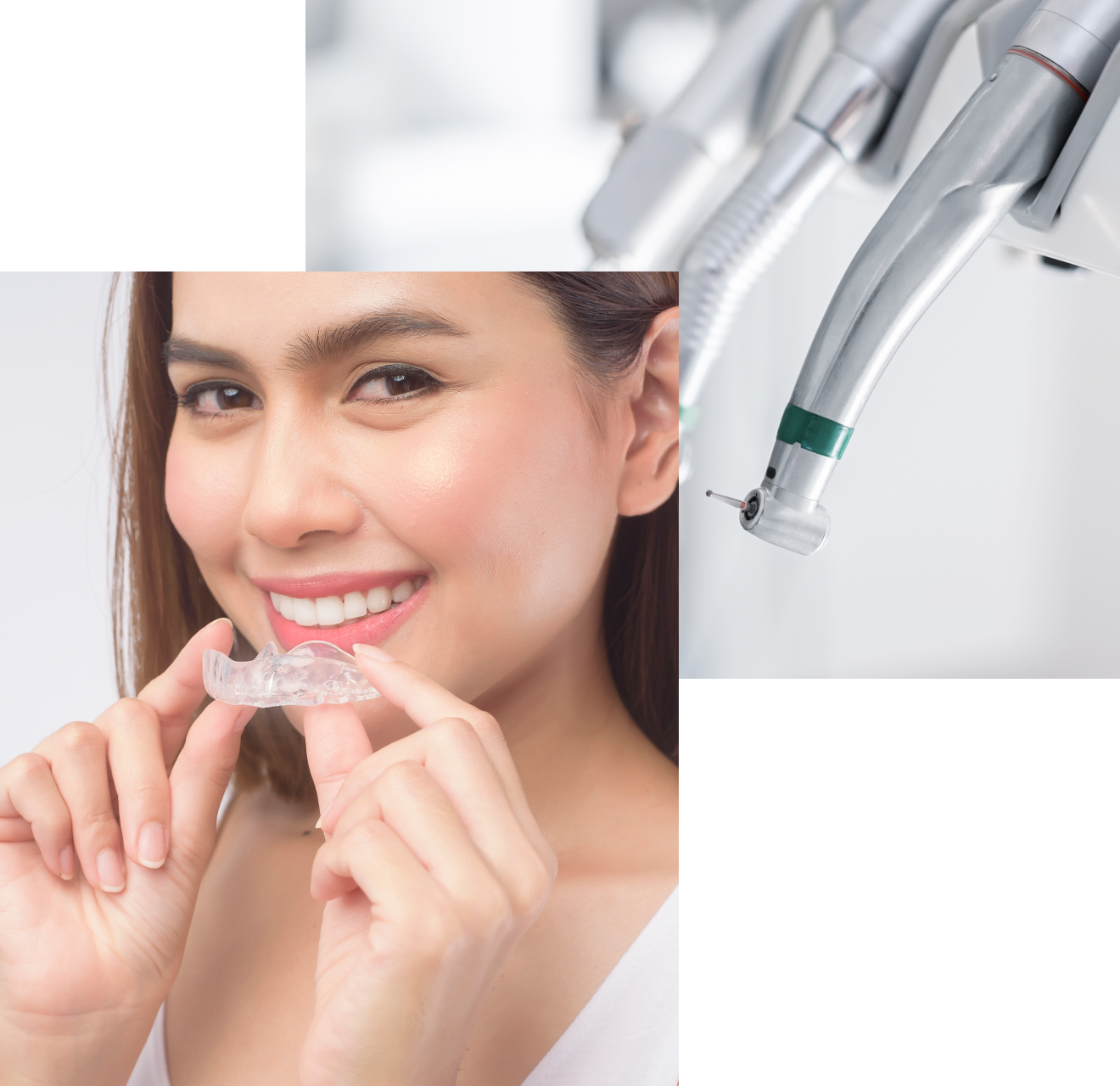 A photograph of a smiling young woman holding a clear aligner tray, similar to the types of trays used for clear aligner treatments and Invisalign in Invisalign in Burnaby at VCCID